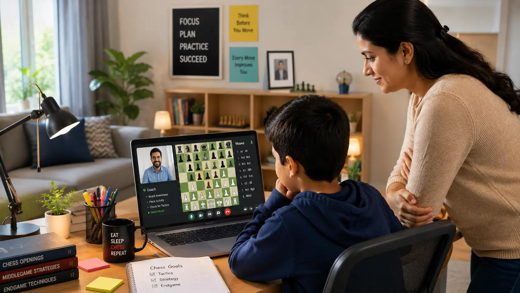 Parent observing child during an interactive online chess lesson at home