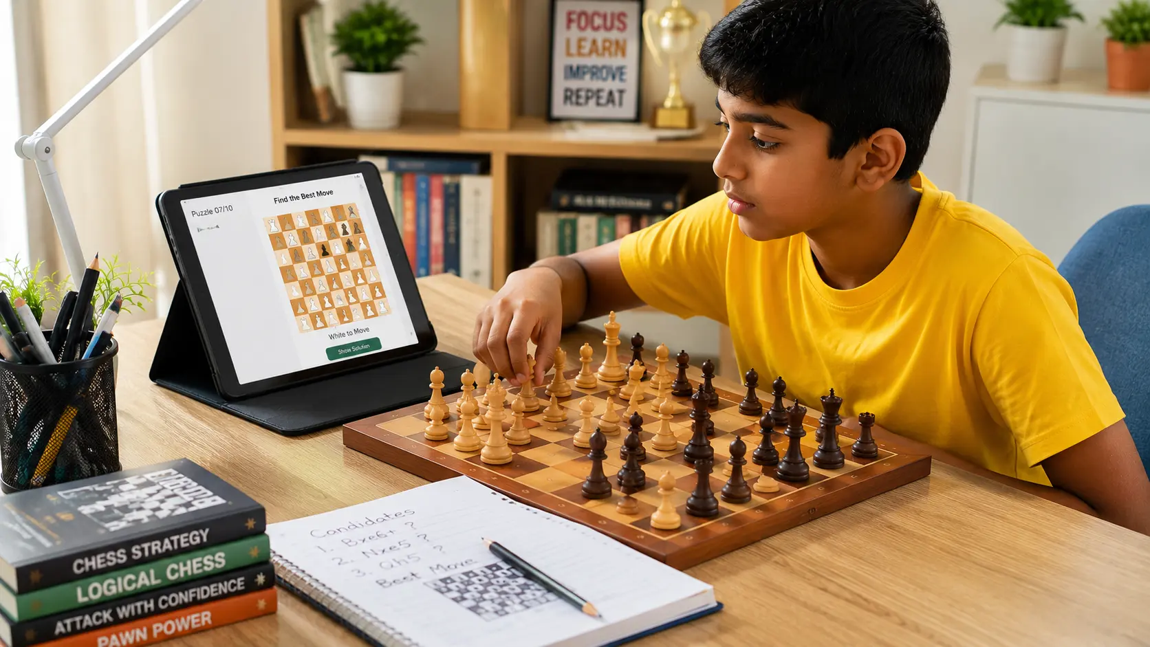 Young student solving chess puzzles on tablet at study desk