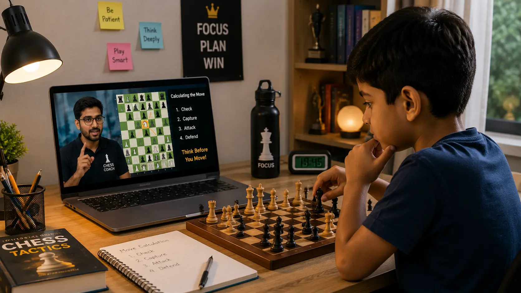 Indian chess coach teaching a child tactics on an interactive digital board