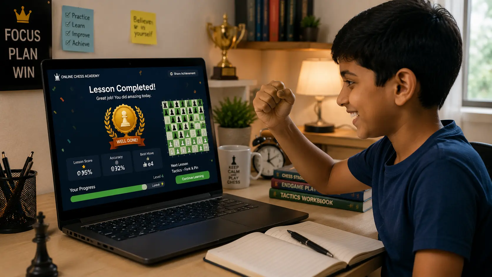 Happy student successfully completing an online chess lesson at home