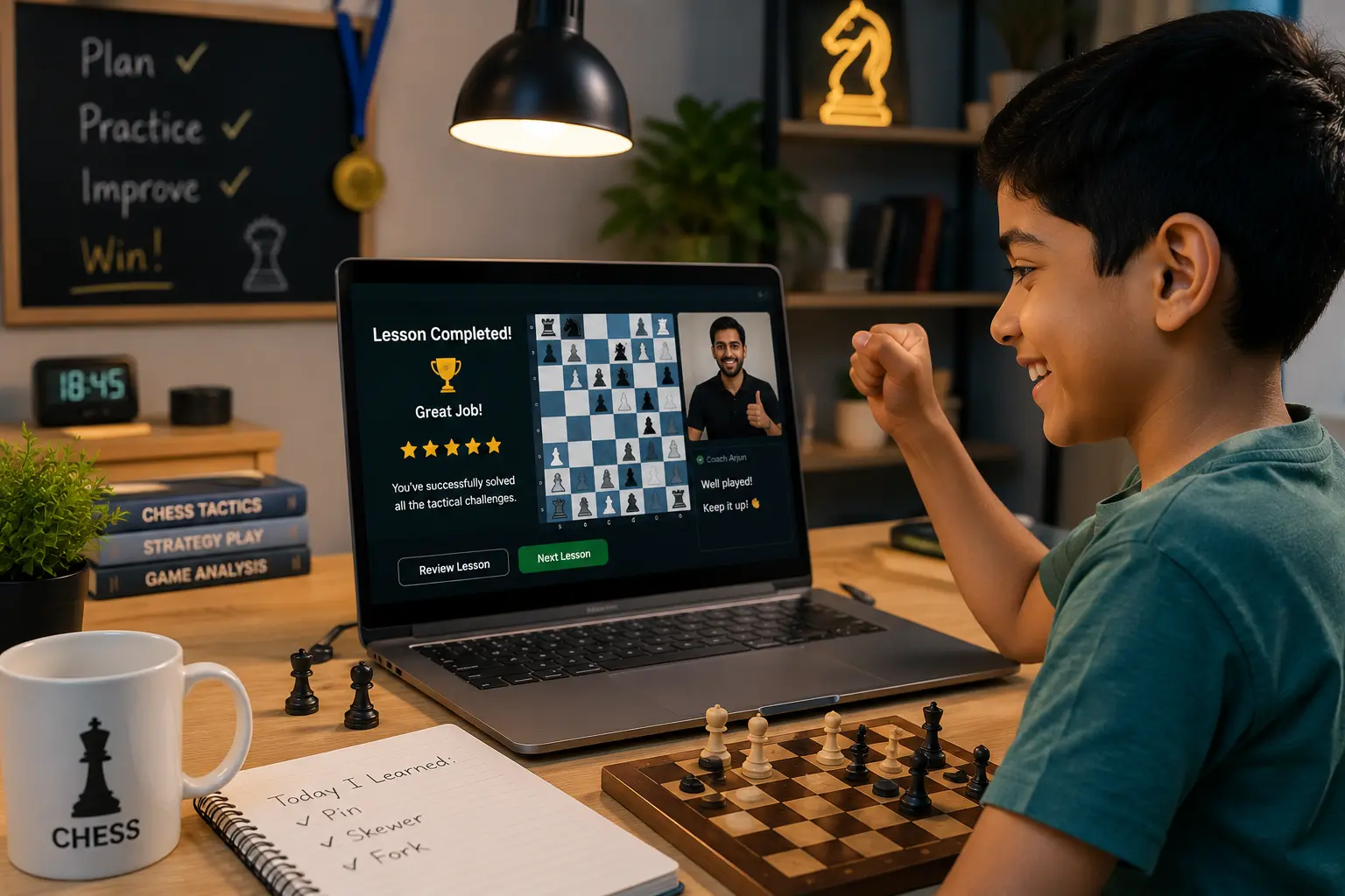 Happy student successfully finishing an online chess lesson on a laptop