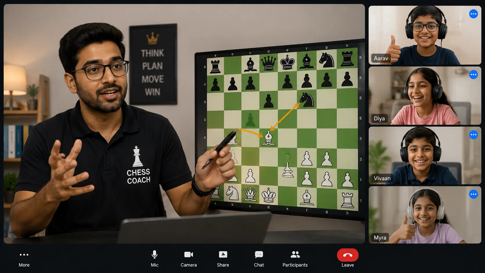 Students engaging with an instructor during a virtual chess lesson