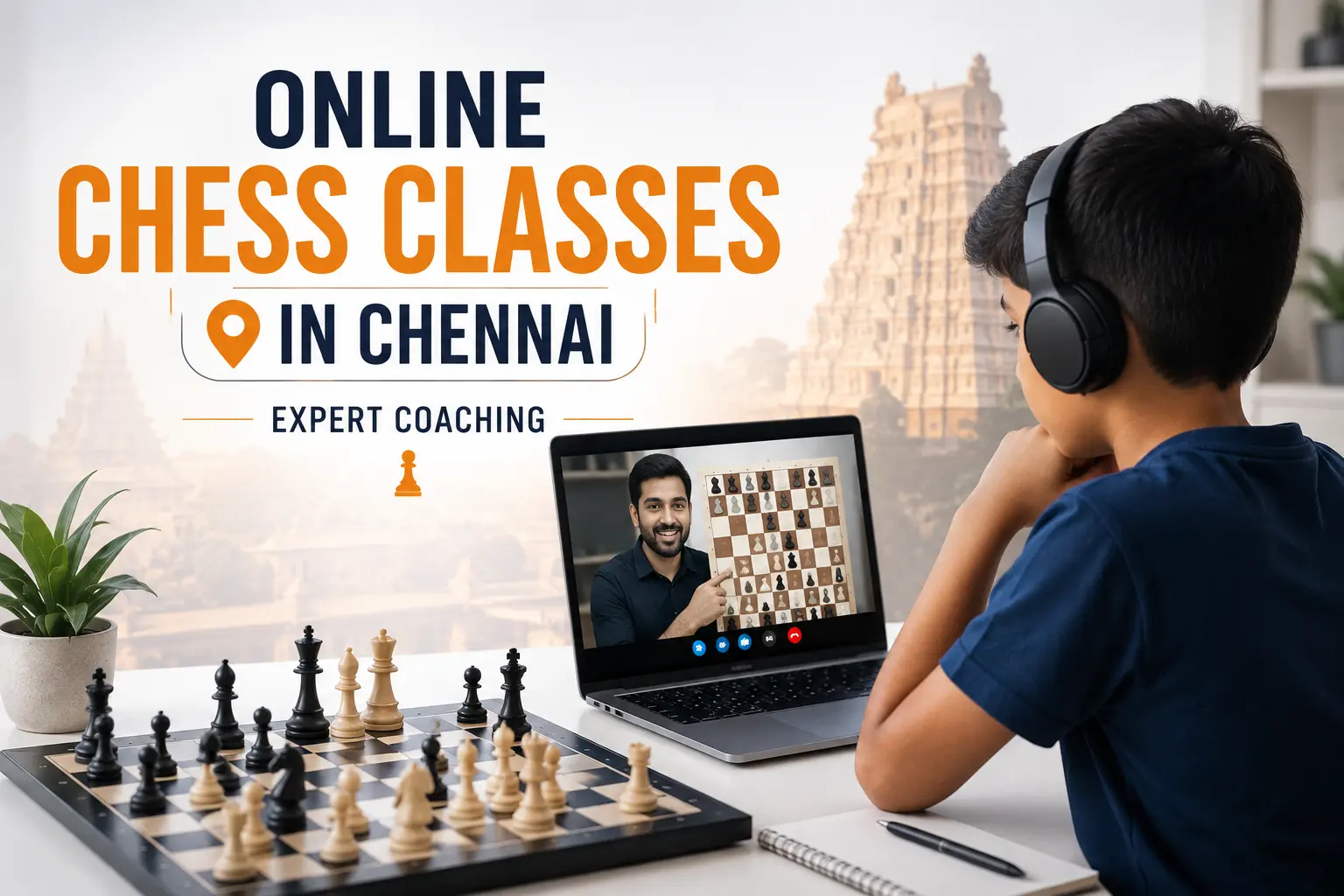 Child in Chennai practicing chess online on a laptop at home