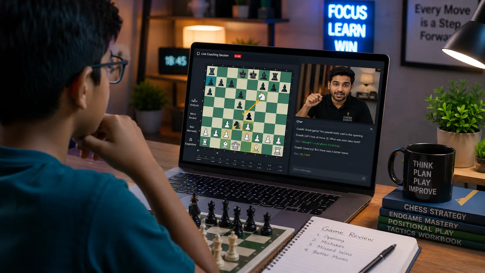 Students engaging with a coach during a live virtual chess lesson