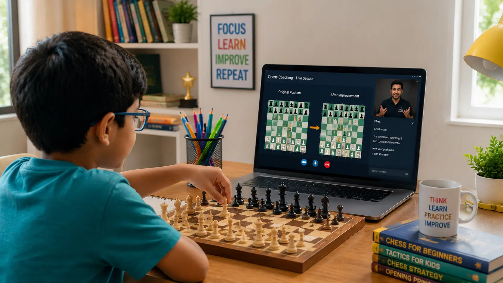 Experienced chess coach teaching young beginner student online using digital board
