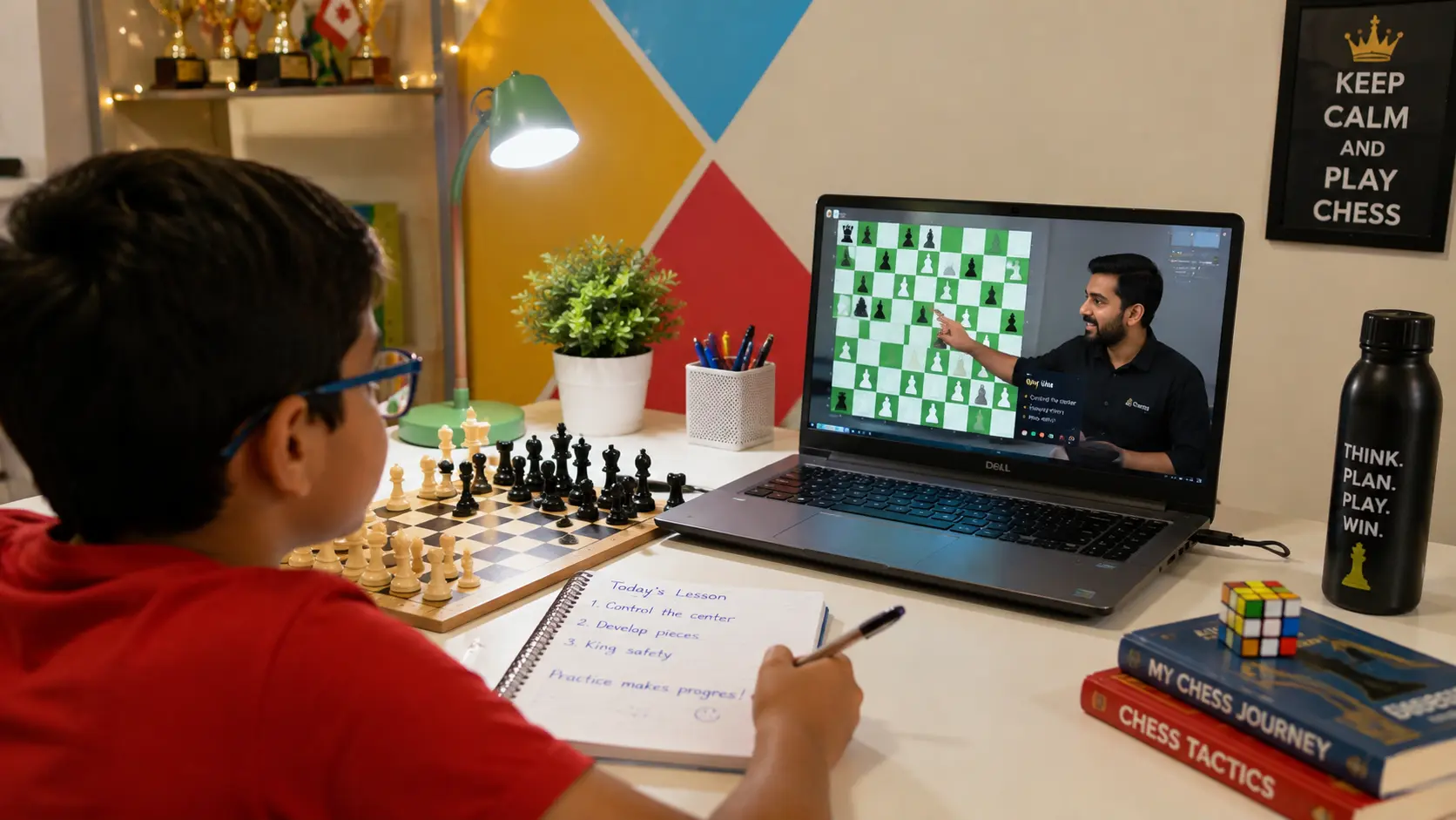 Indian chess coach teaching young beginner student online using interactive board