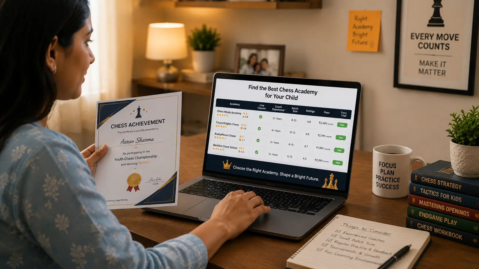 Parent comparing chess academy options on a laptop at a home desk