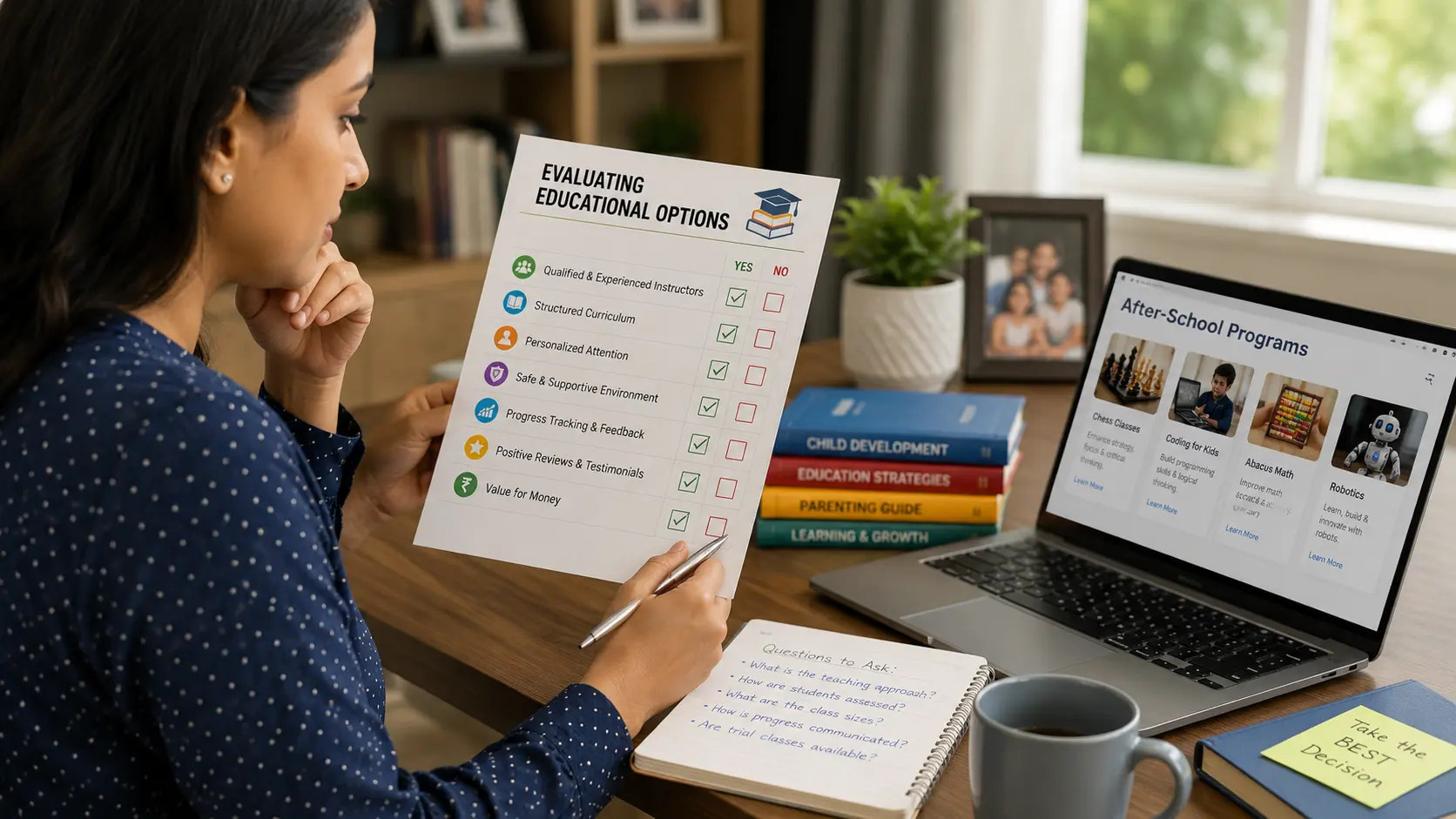 Parent holding a checklist while evaluating educational options
