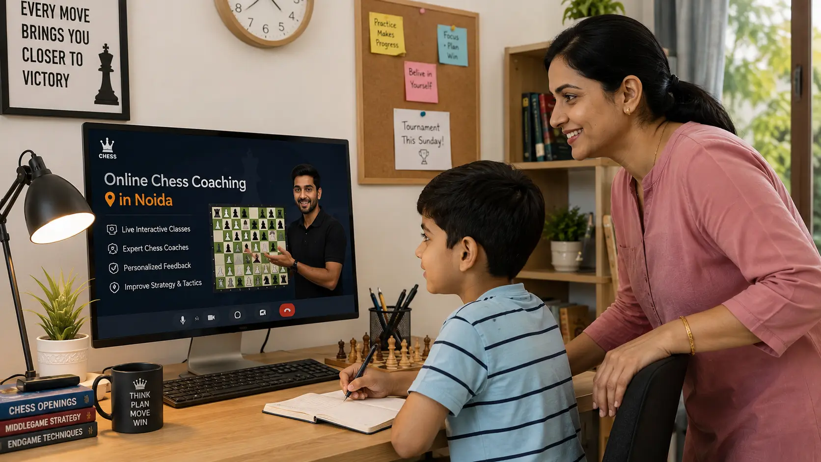 Parent supporting a child preparing for online chess coaching in Noida on a computer
