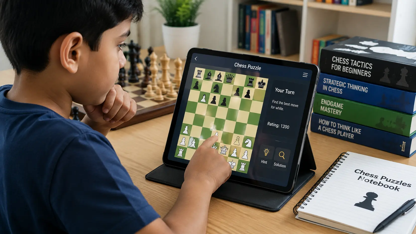 Young student intently solving a chess puzzle on a tablet device