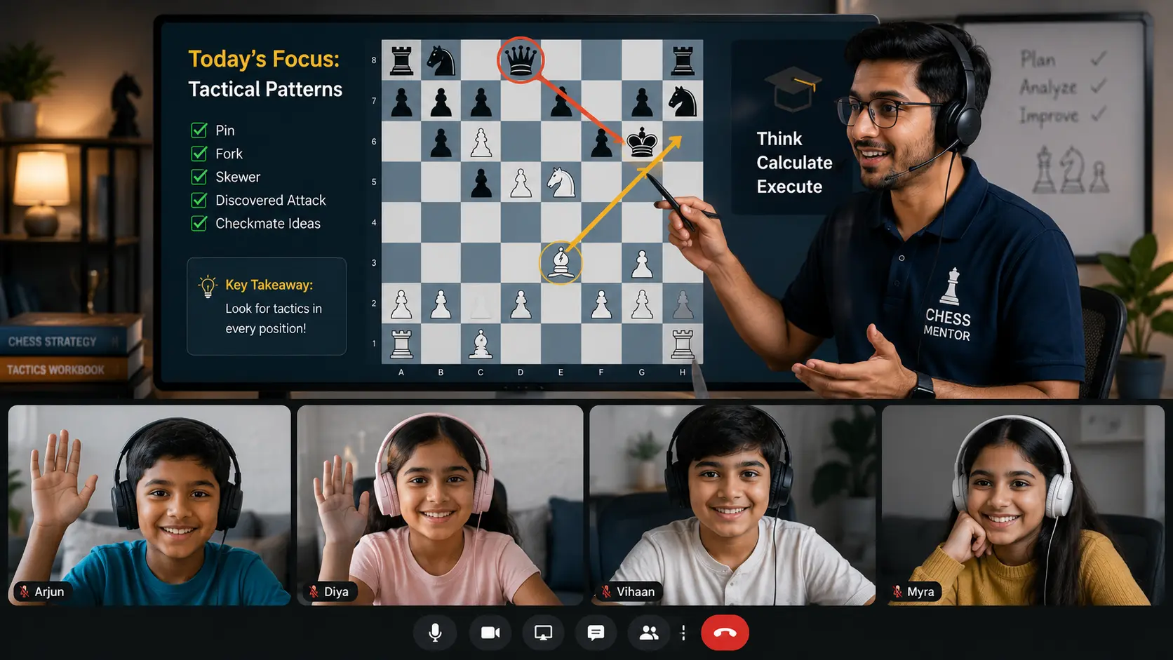 Students engaging with a mentor in a virtual chess classroom setting