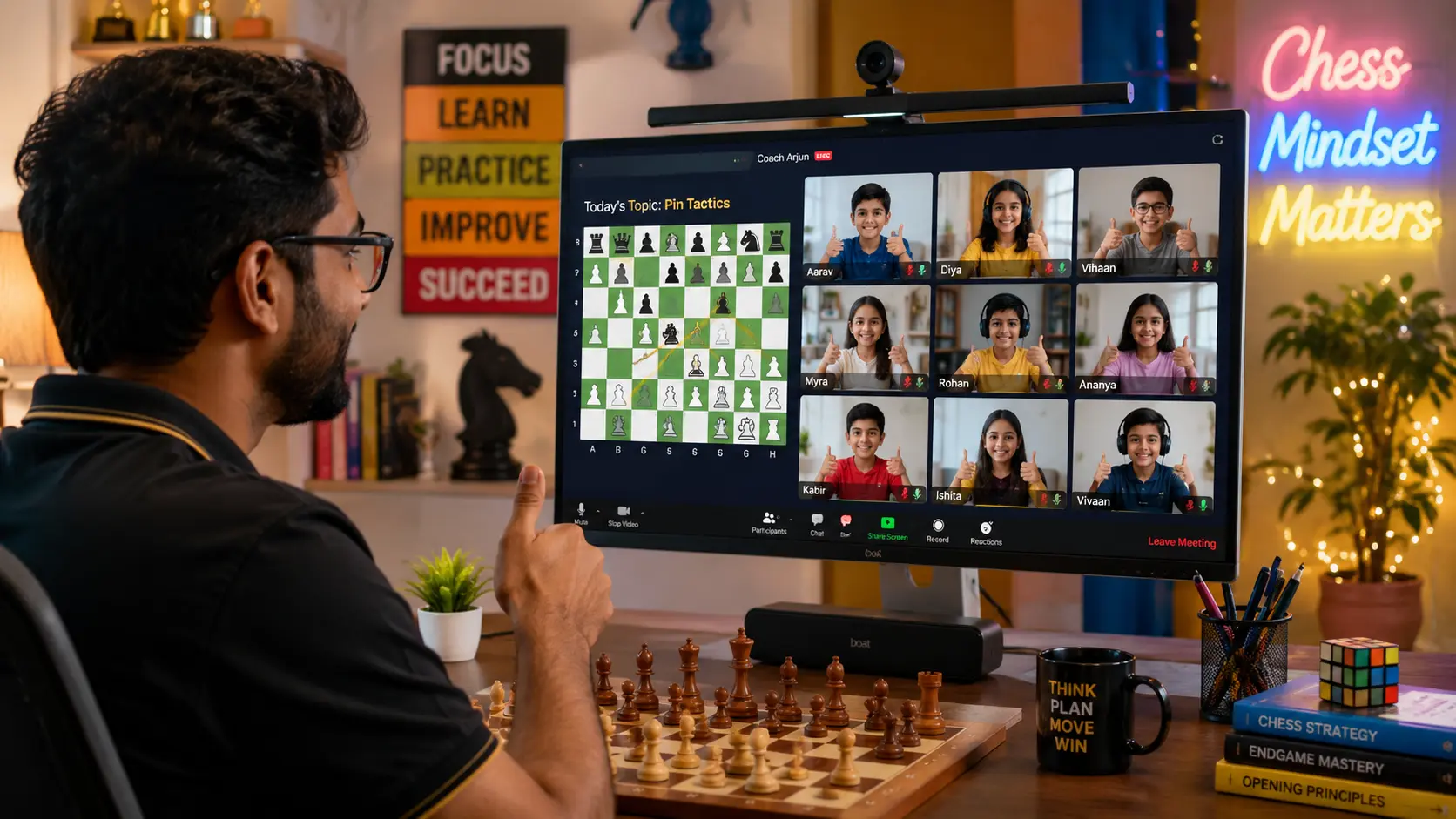 Virtual classroom view showing chess coach teaching students online