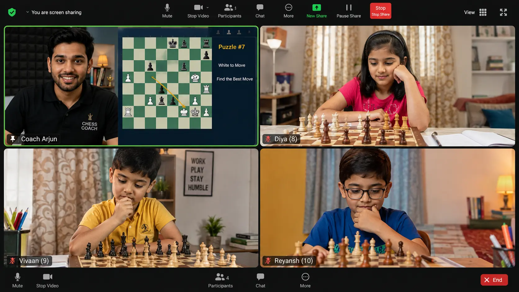 Virtual classroom view showing instructor teaching chess to students online