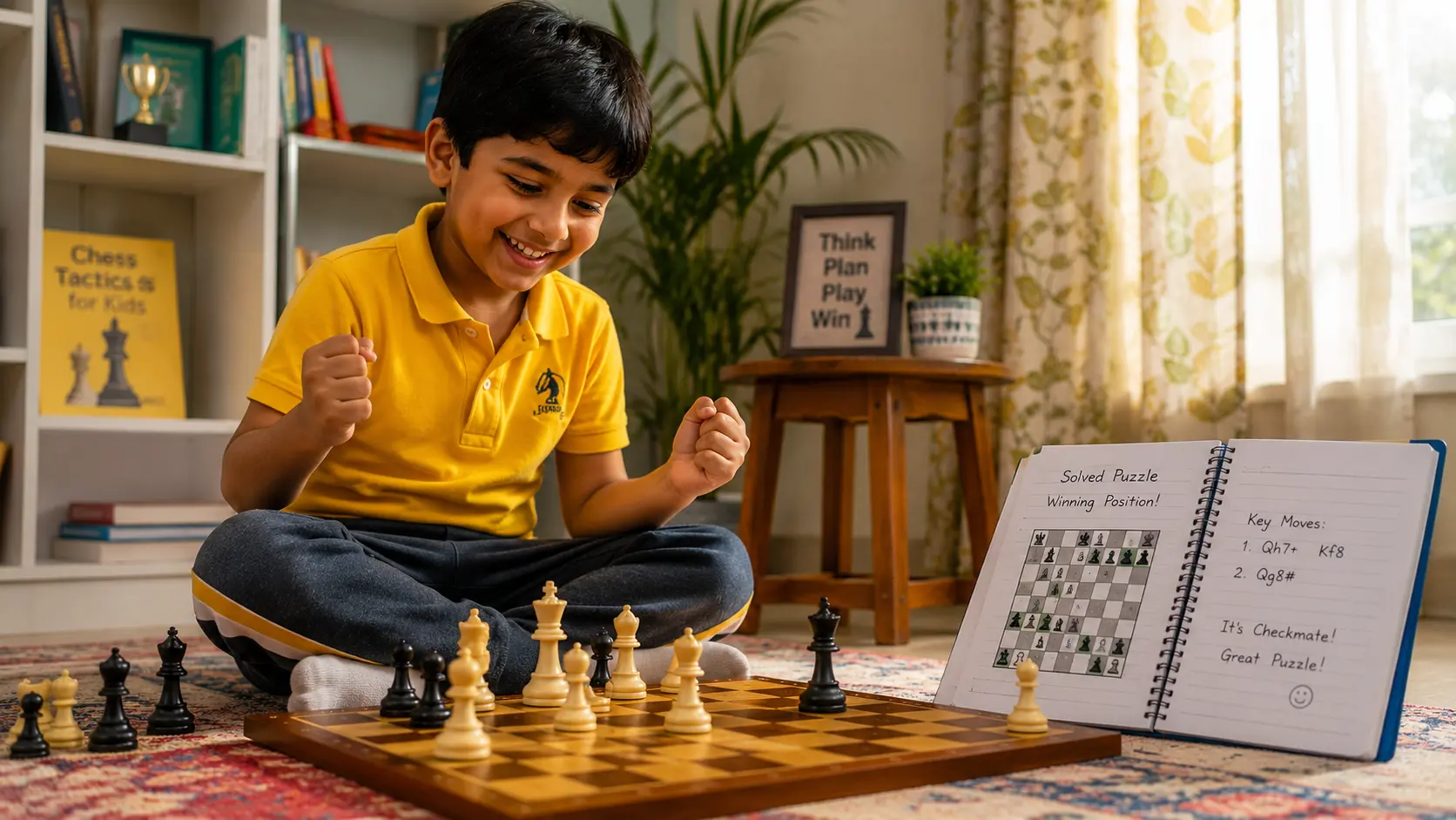 Happy student smiling after finishing an online chess lesson at home