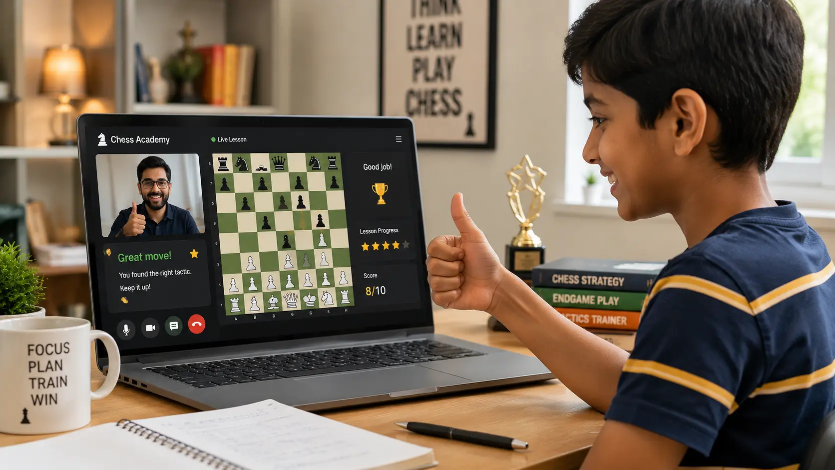 Happy child completing a live online chess lesson on a laptop