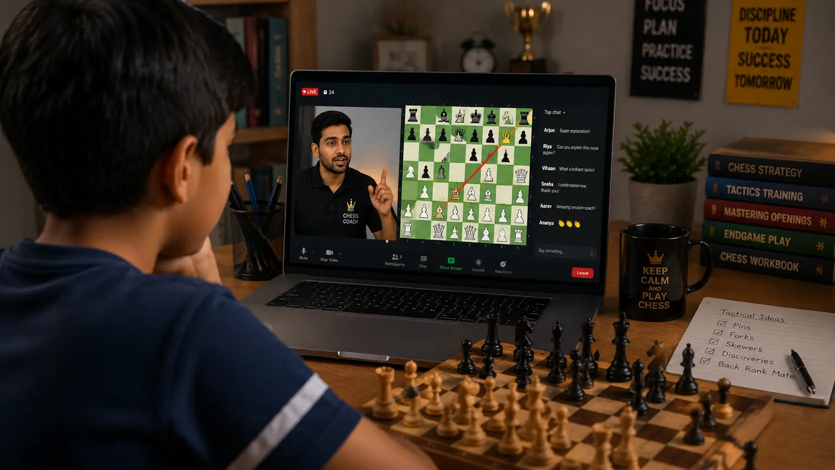 Indian chess coach guiding a young student on an interactive digital board