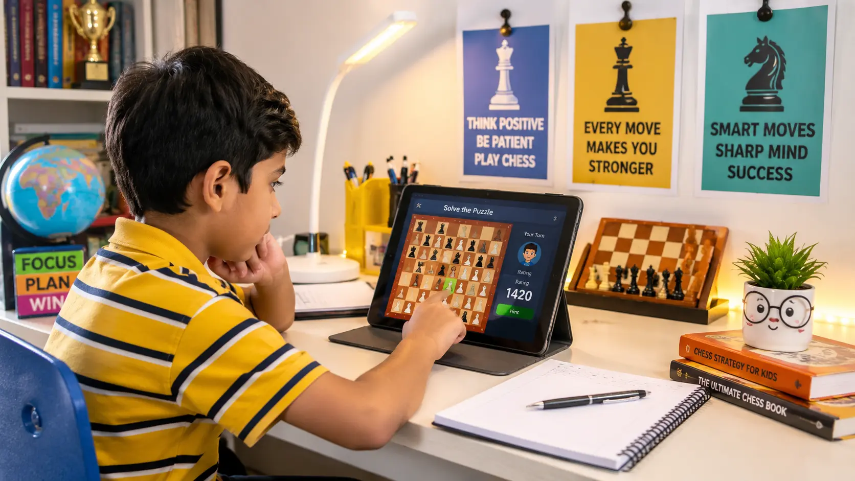 Young student solving chess puzzles on tablet at study desk