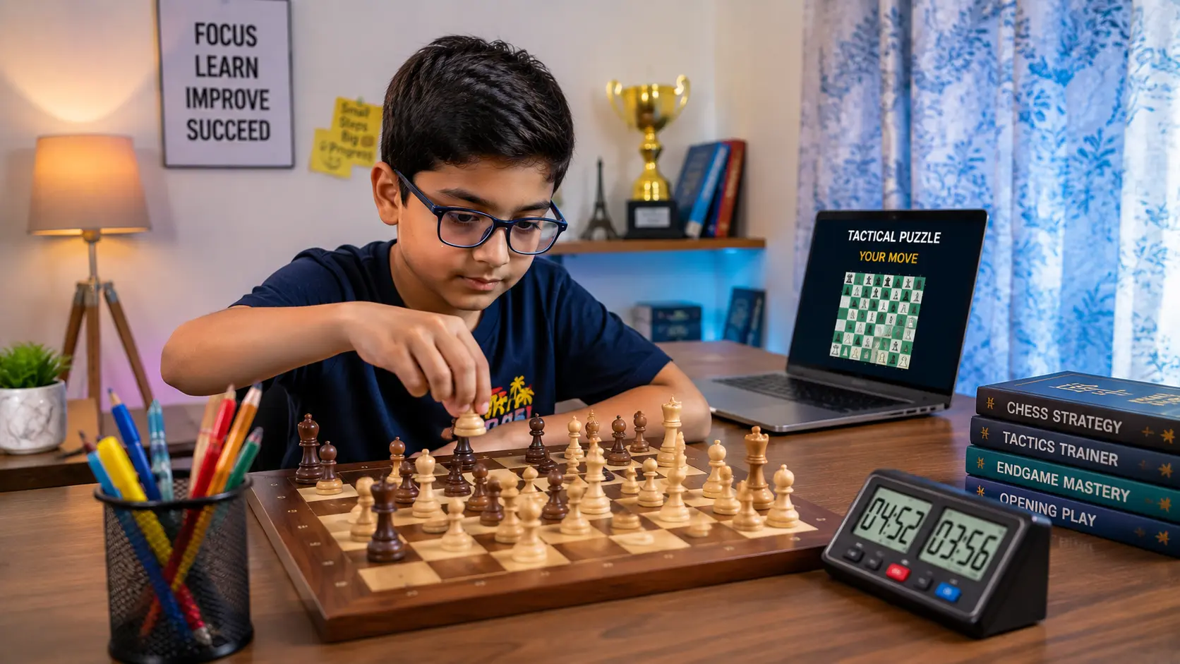Young beginner child solving chess puzzle at home desk