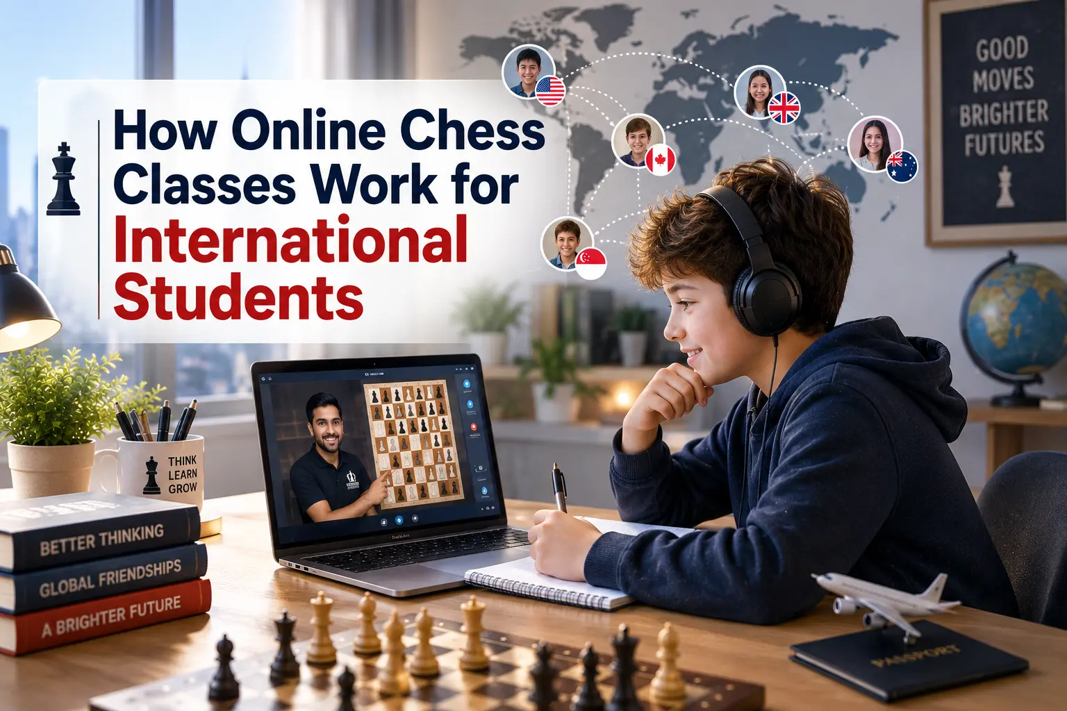 Online chess classes for international students with a digital chessboard